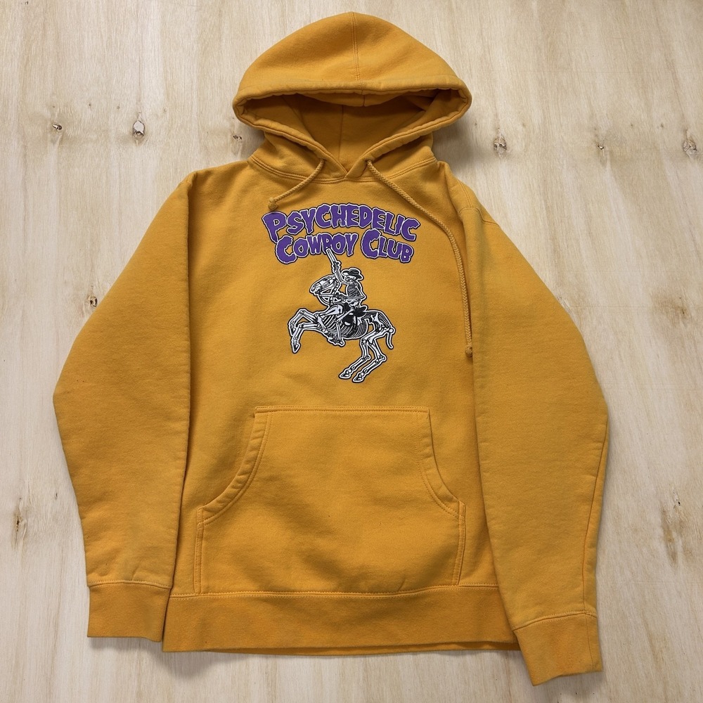 HAH Hoodie Mens Medium‎ Yellow Fleece Pullover Psychedelic Cowboy Club Graphic